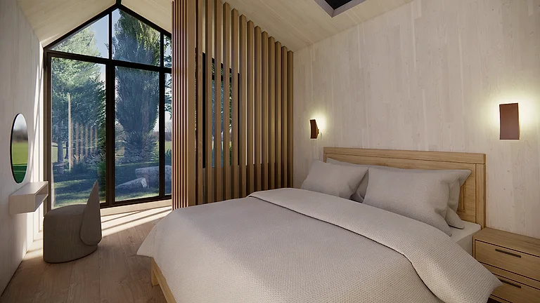 Lodge bedroom with timber slat screen and full-height gable glazing onto woodland