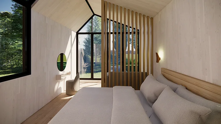 Lodge bedroom with glazing on two sides and a view through the slatted screen
