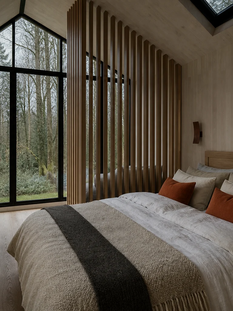 Lodge bedroom with layered linen bedding, oak slat screen and gable glazing onto woodland