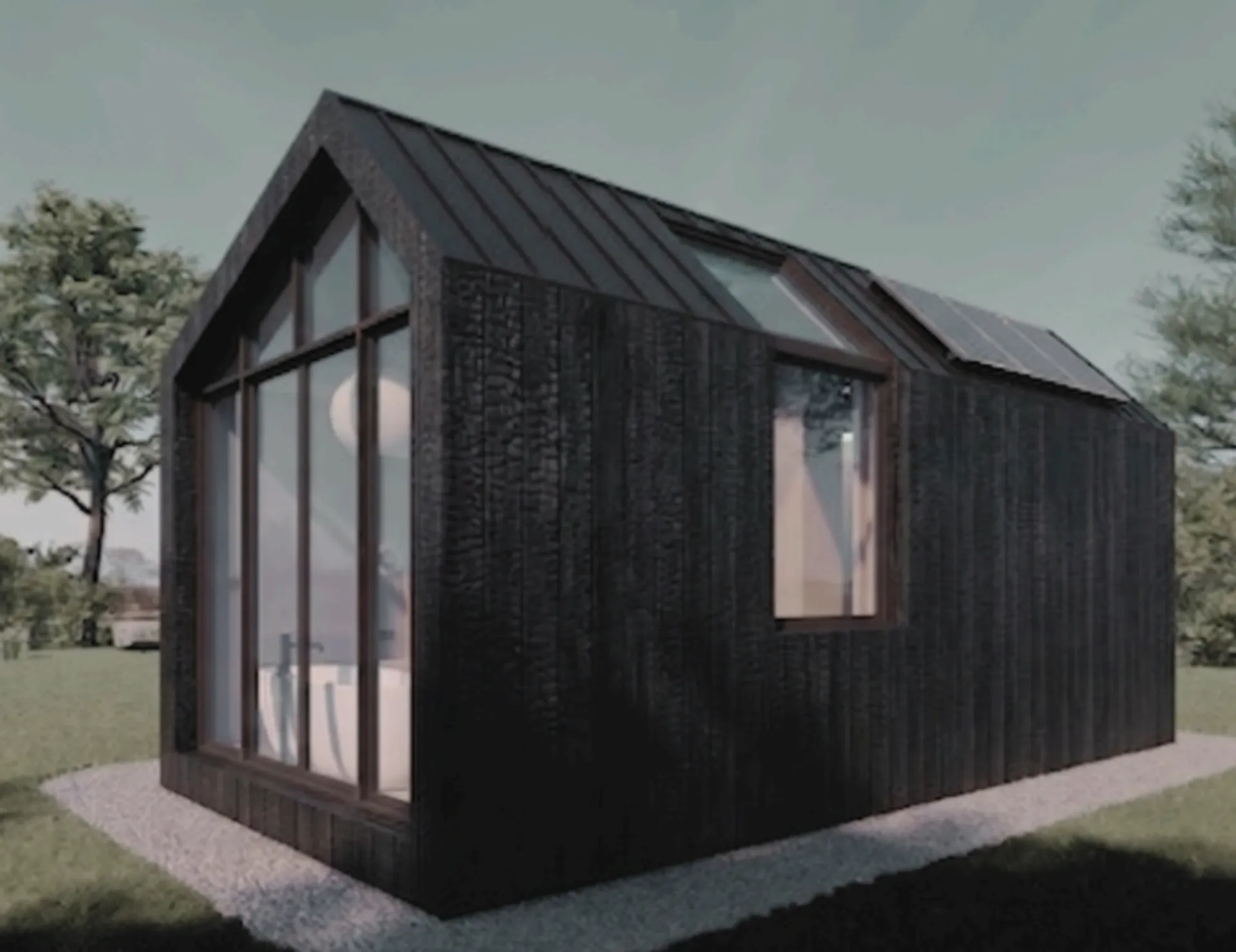 Rear elevation of lodge with glazed gable