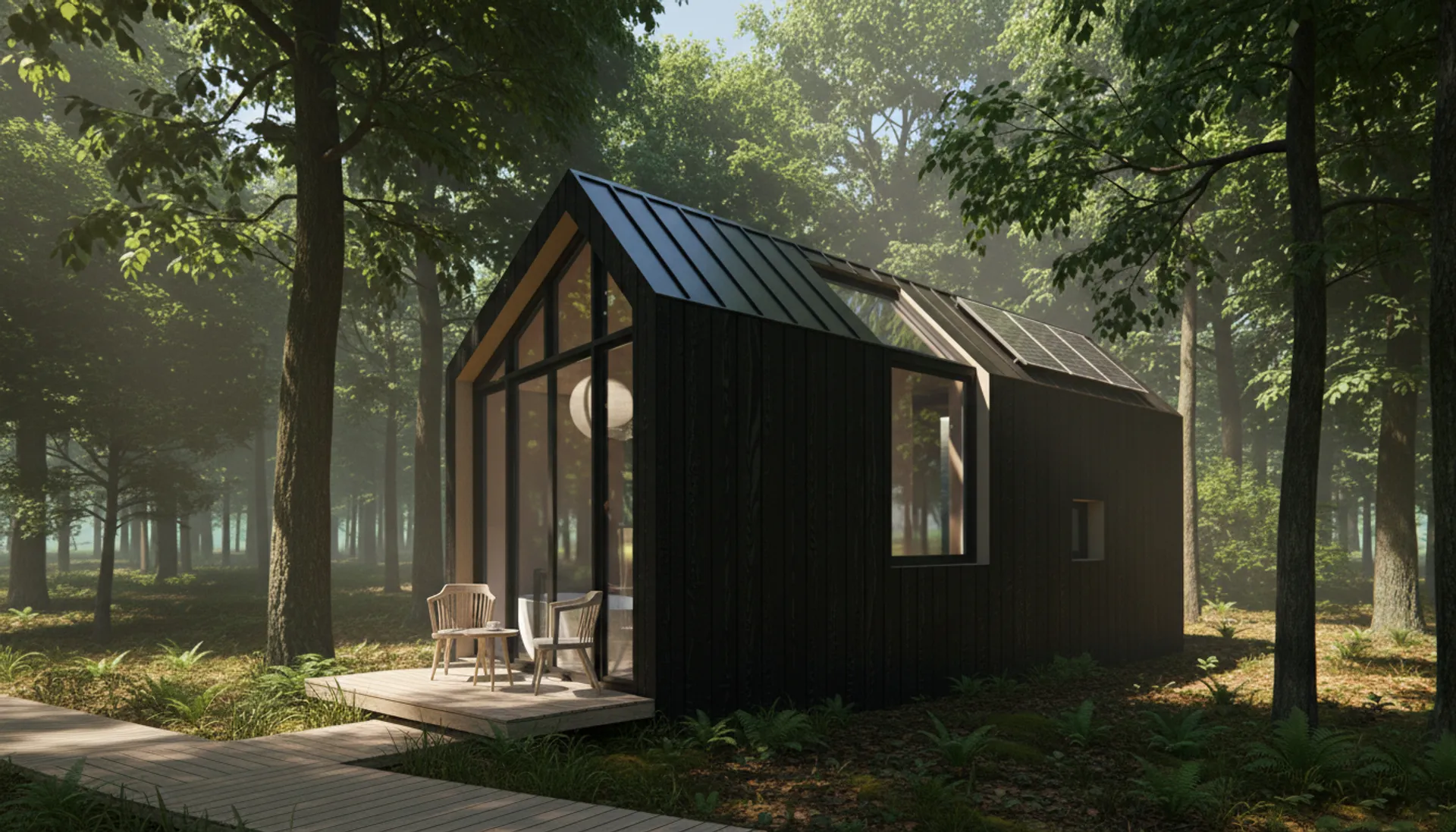 Architect-designed dark timber lodge in misty woodland at Wester Lix