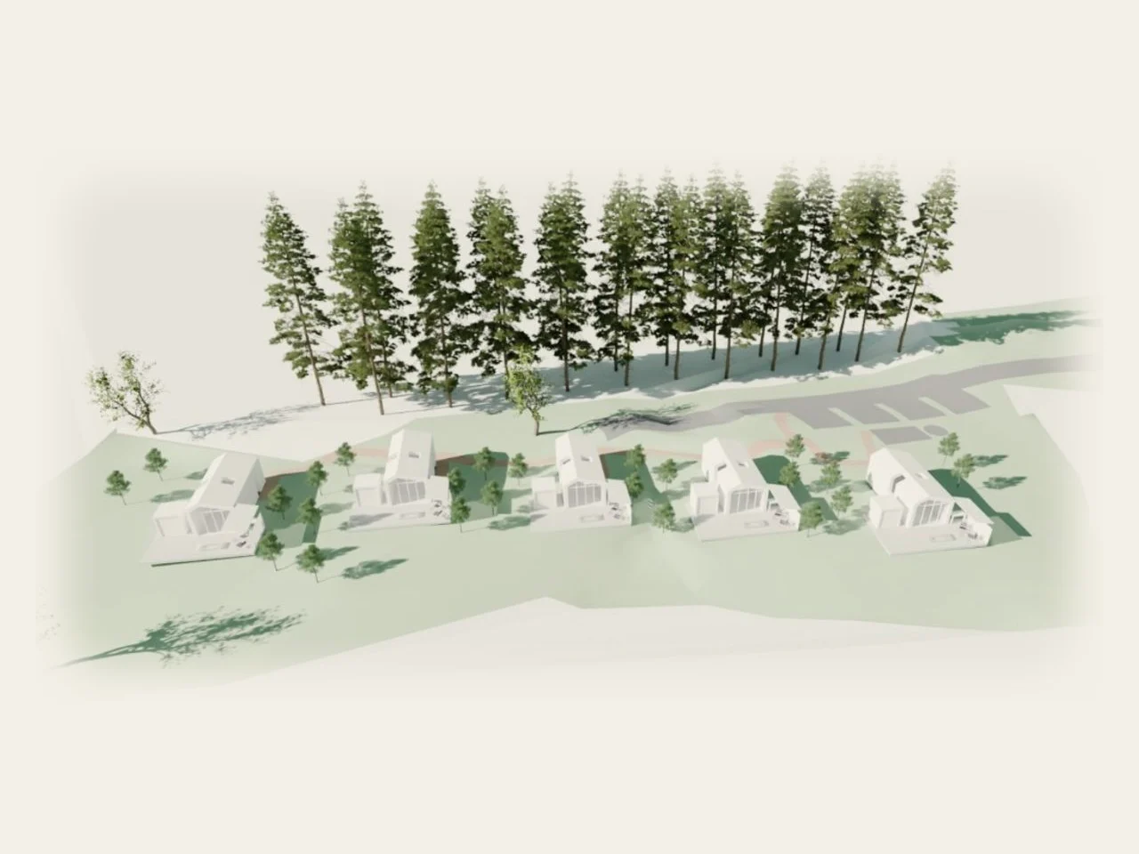 3D site study showing five lodges generously spaced below a stand of mature pines